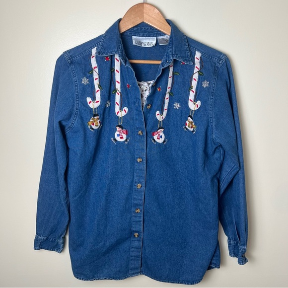 Vintage Casey & Max Women’s Denim Button Up 2 Layer Embroidered Christmas Size M - Picture 1 of 8